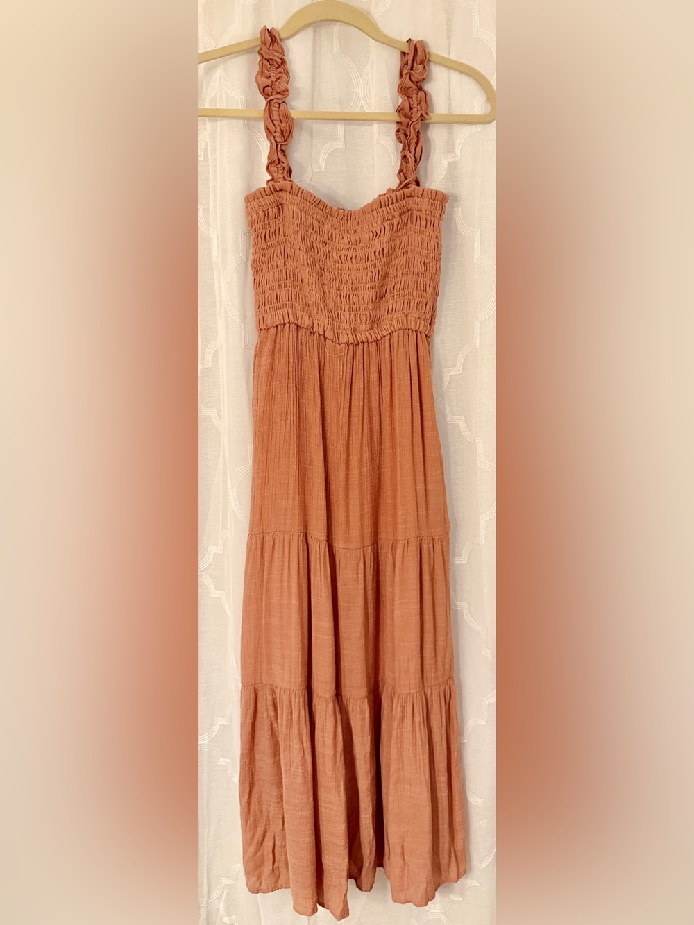 Love Tree Smocked Gauze Midi Dress Size Small in Rusty Terracotta - Picture 8 of 11